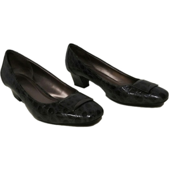 Naturalizer Gray Black Snakeskin Faux Leather Square Toe Slip On Pump Shoe - Picture 1 of 8